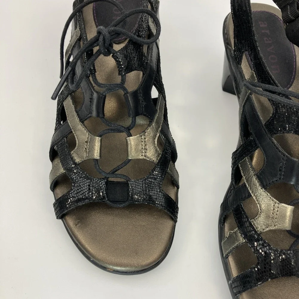 Aravon Sandals Women 8.5 B Gladiator Black Metallic Lace Up Shoes Comfort Resort